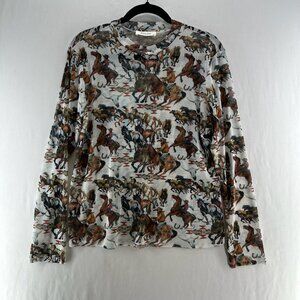 Nylon Mesh Sheer Long Sleeve Top Sz L Stretchy Western Running Horse White Brown